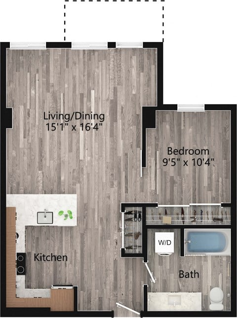 Floor plan for 1 bed, 1 bath, 739 sqft